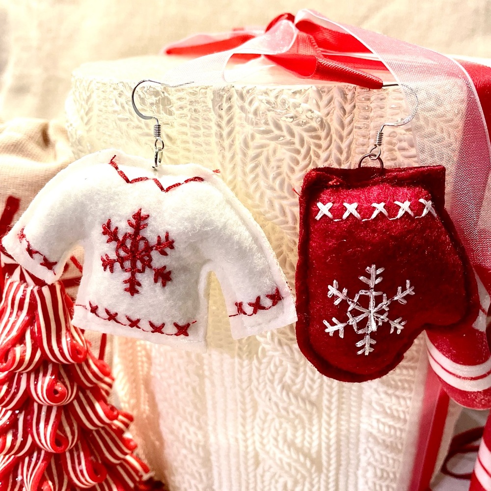 Mini felt sweater and glove ornament earrings Christmas